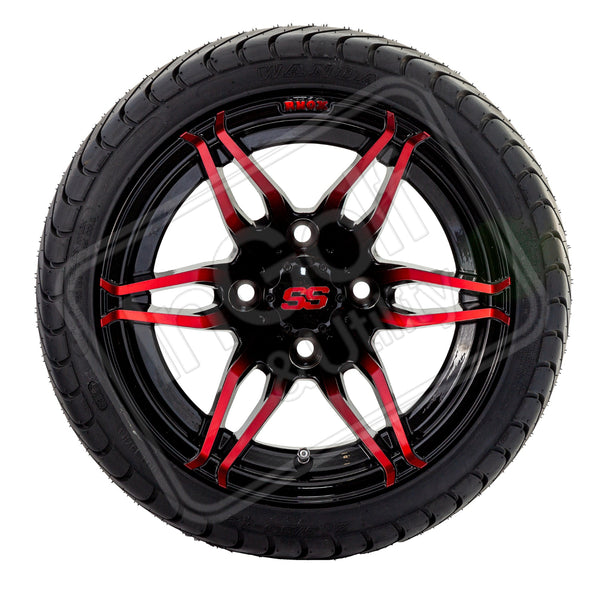 Golf Cart 12 x 7 Black & Red RX Tyre and Rim Package (Set 4)