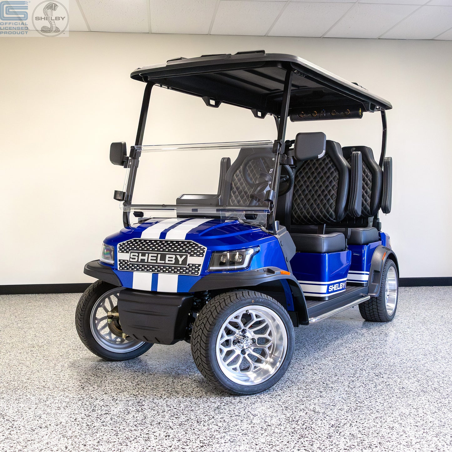 Shelby E4 Lithium Golf Cart Blue with White G.T Stripe