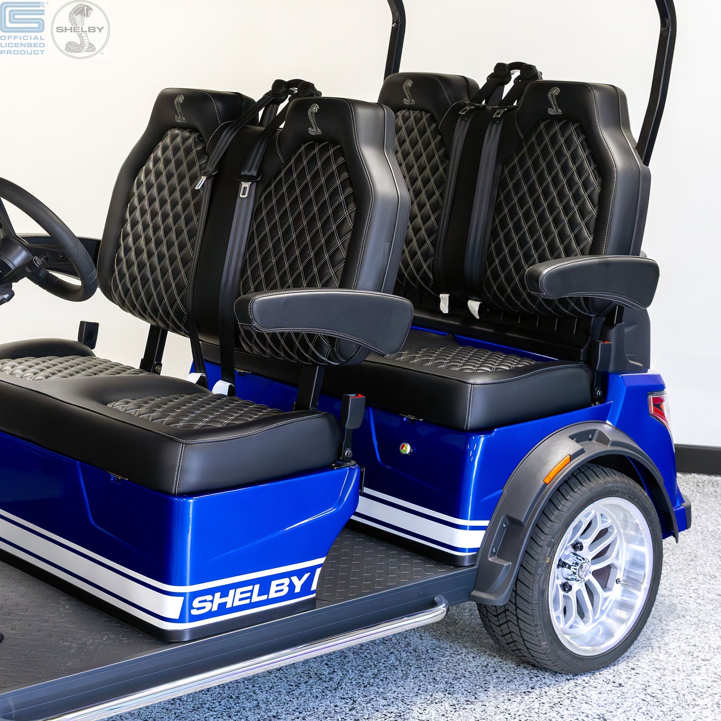 Shelby E4 Lithium Golf Cart Blue with White G.T Stripe