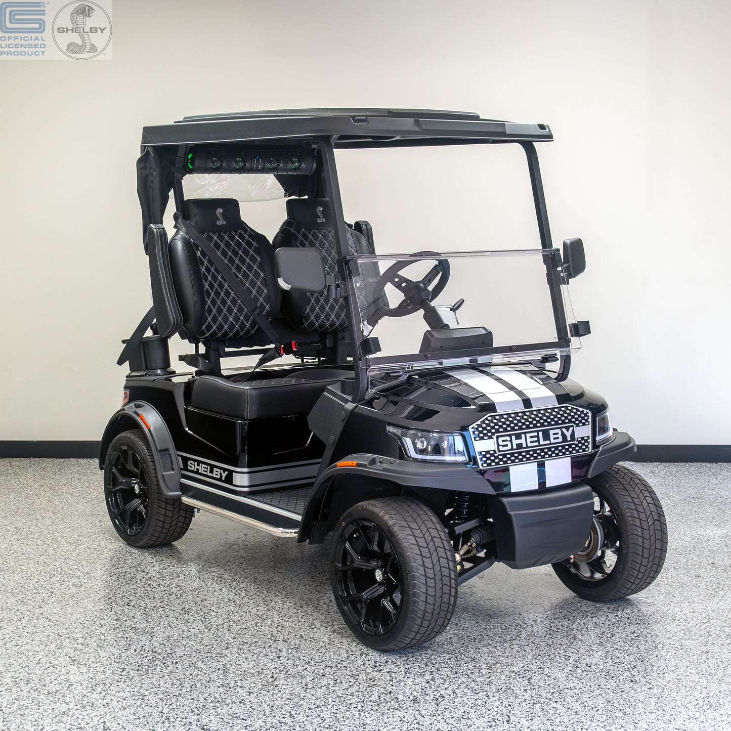 Shelby E2 Lithium Golf Cart Black with Silver G.T Stripe