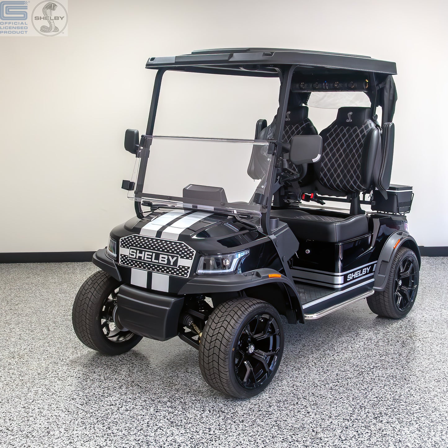 Shelby E2 Lithium Golf Cart Black with Silver G.T Stripe