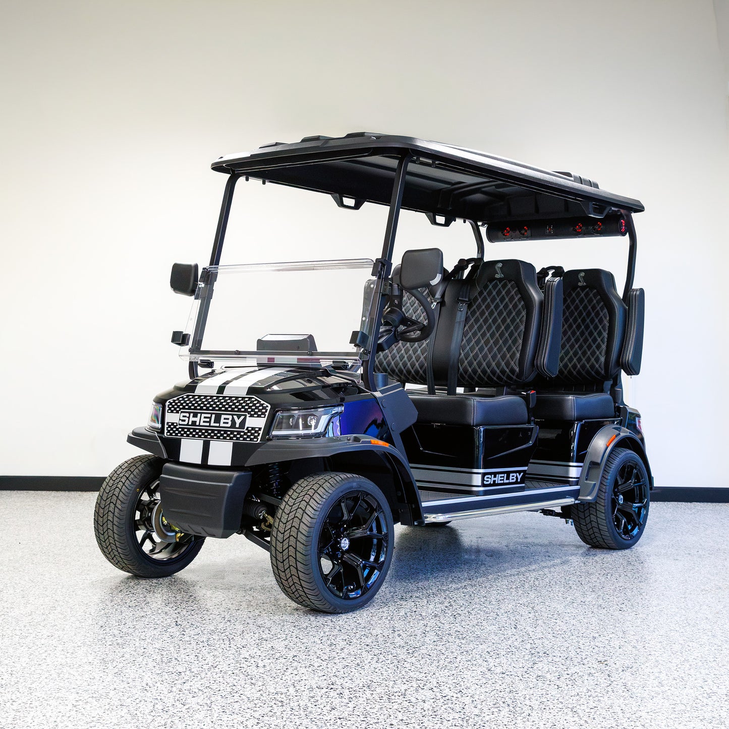 Shelby E4 Lithium Golf Cart Black with Silver G.T Stripe