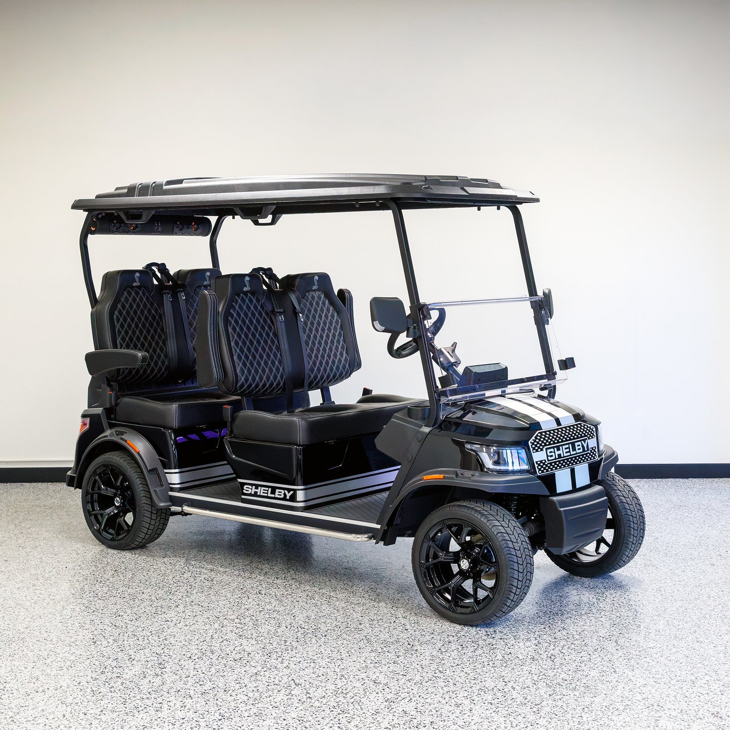 Shelby E4 Lithium Golf Cart Black with Silver G.T Stripe