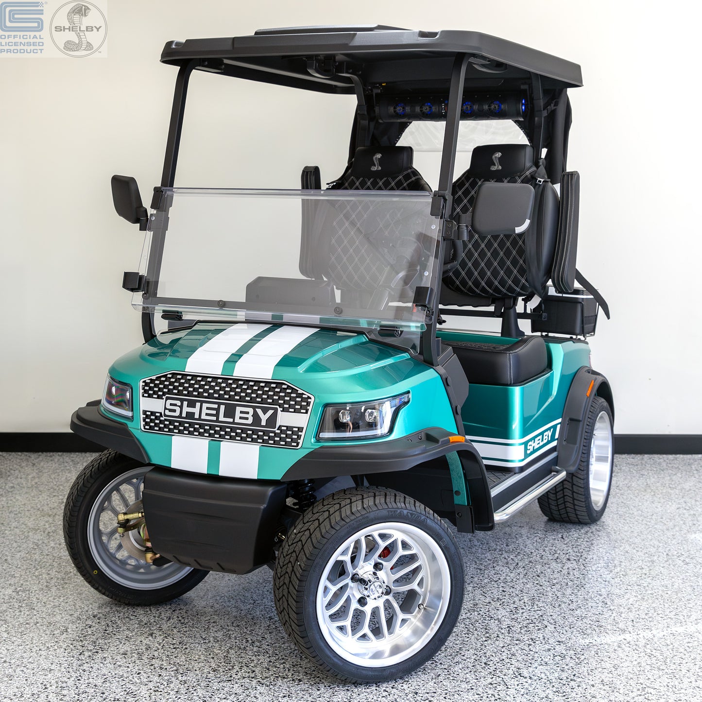 Shelby E2 Lithium Golf Cart Green with White G.T Stripe