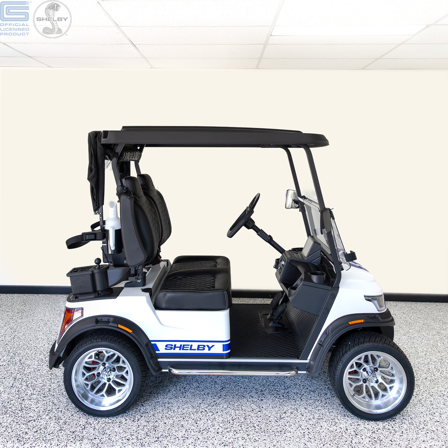 Shelby E2 Lithium Golf Cart White with Blue G.T Stripe