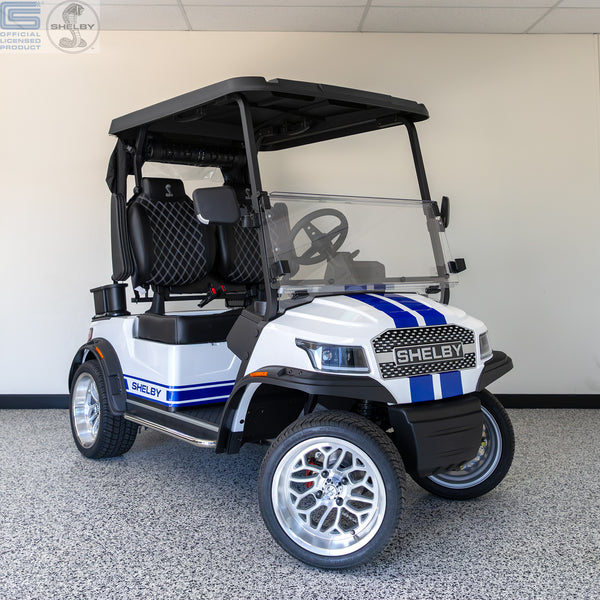 Shelby E2 Lithium Golf Cart White with Blue G.T Stripe