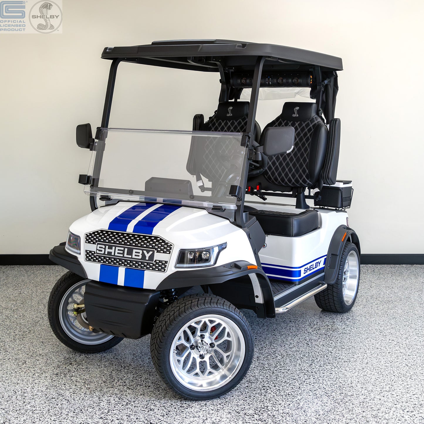 Shelby E2 Lithium Golf Cart White with Blue G.T Stripe