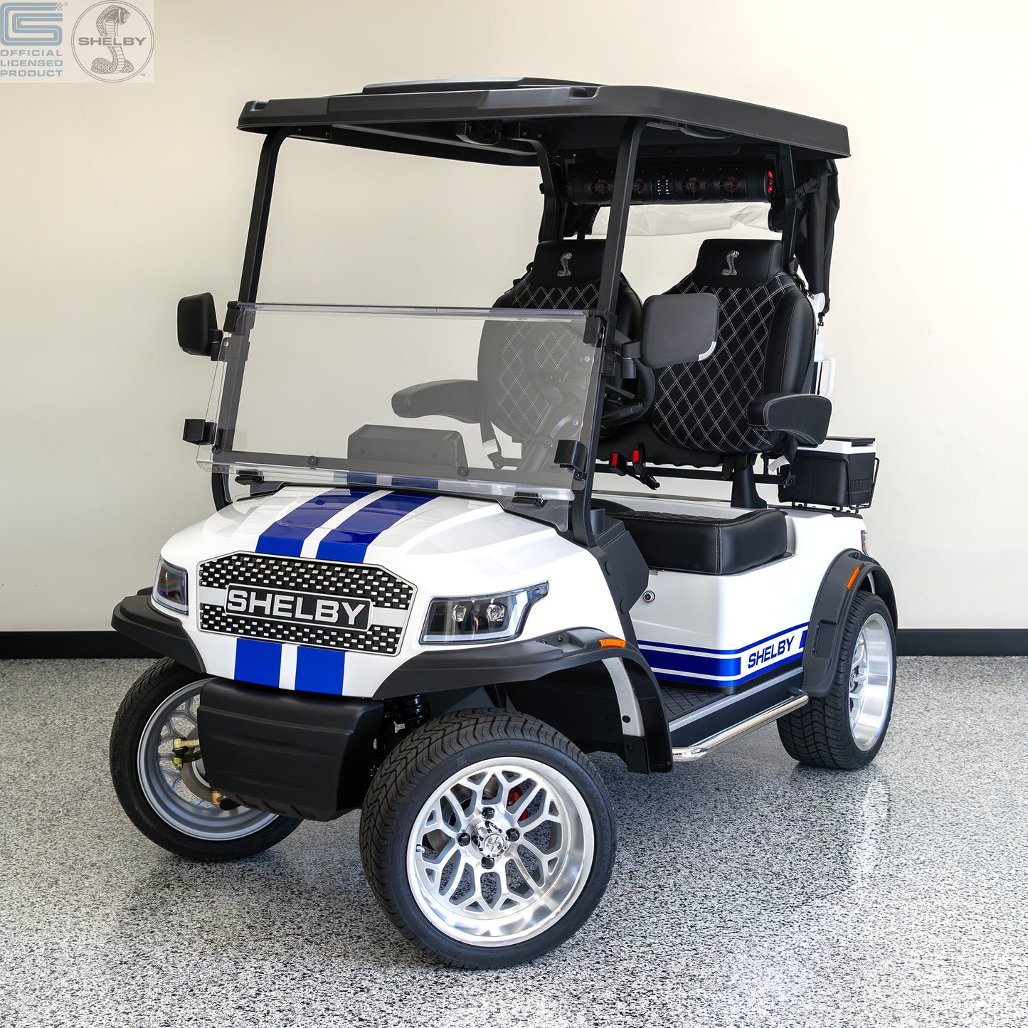 Shelby E2 Lithium Golf Cart White with Blue G.T Stripe
