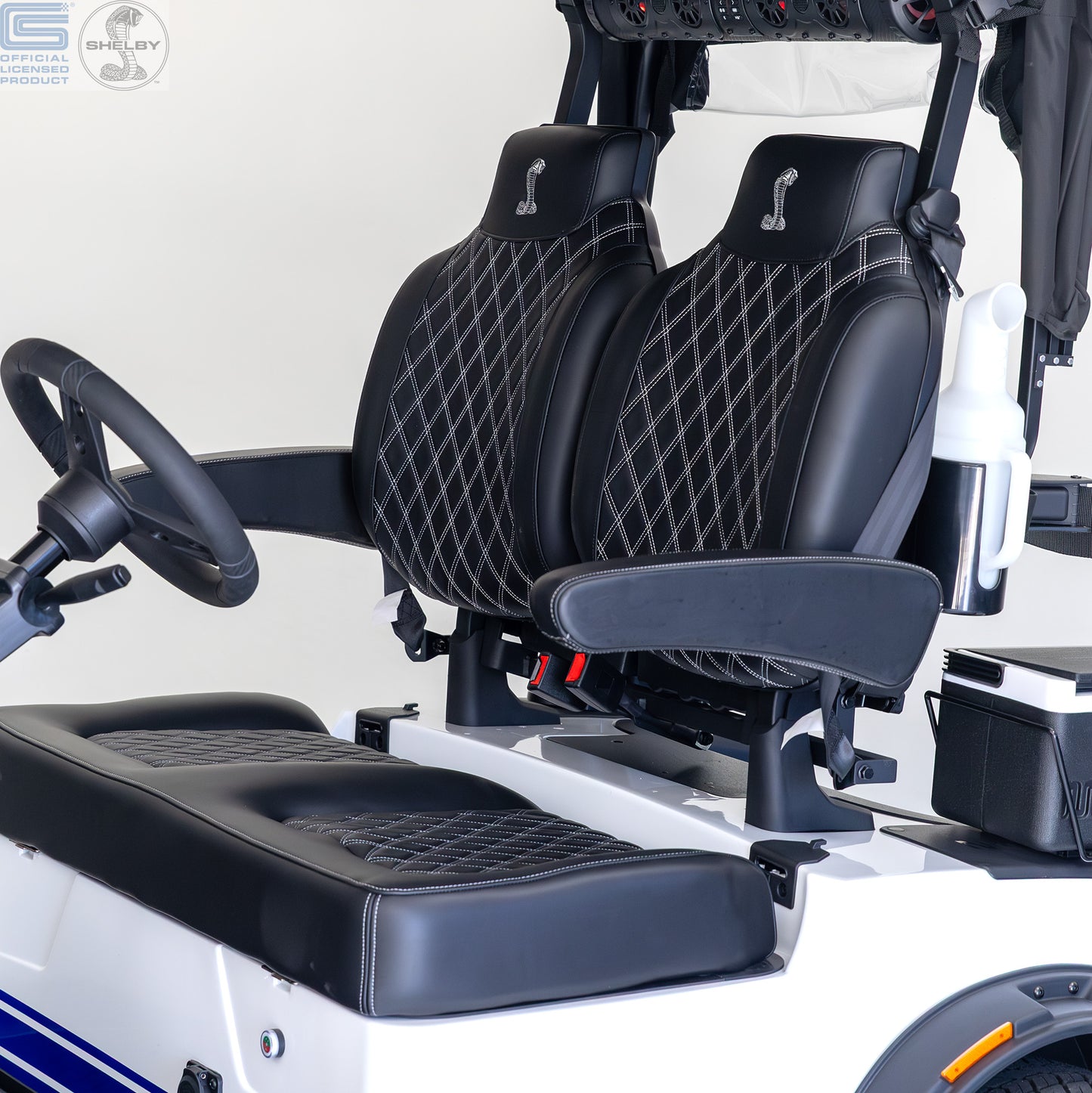 Shelby E2 Lithium Golf Cart White with Blue G.T Stripe