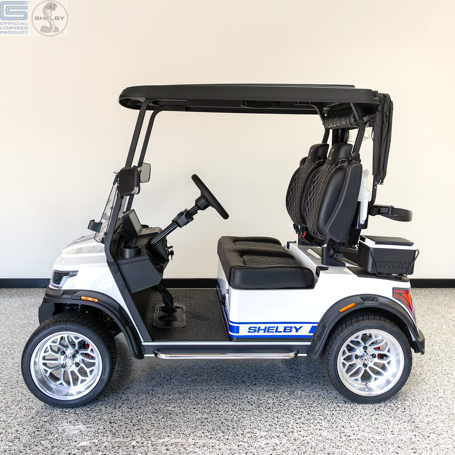 Shelby E2 Lithium Golf Cart White with Blue G.T Stripe