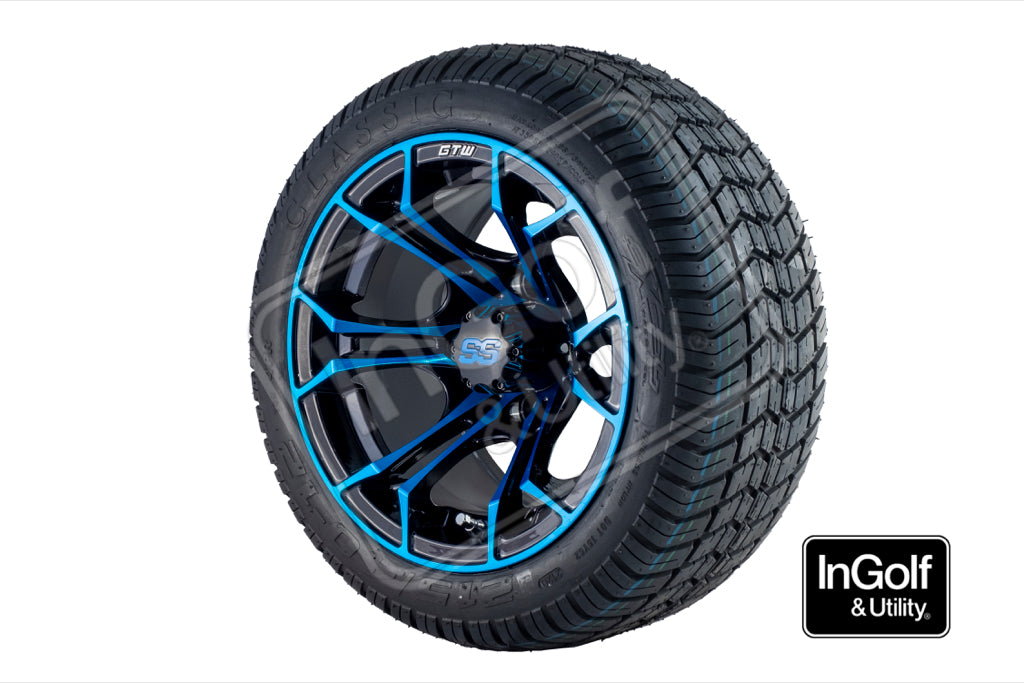 Golf Cart GTW Spyder 12" Black with Blue accents Tyre and Rim Package (set of 4)