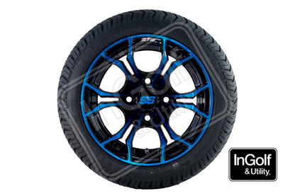 Golf Cart GTW Spyder 12" Black with Blue accents Tyre and Rim Package (set of 4)