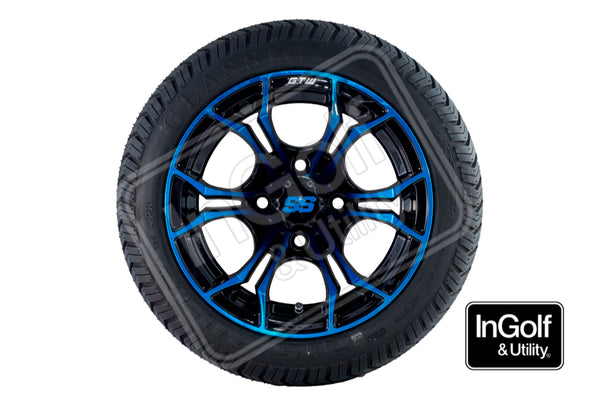 Golf Cart GTW Spyder 12" Black with Blue accents Tyre and Rim Package (set of 4)