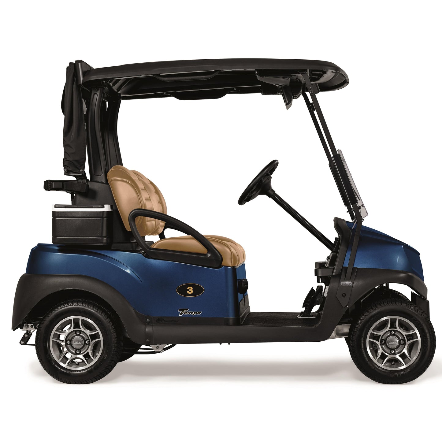 Blue Club Car Tempo golf cart with a black roof on a white background