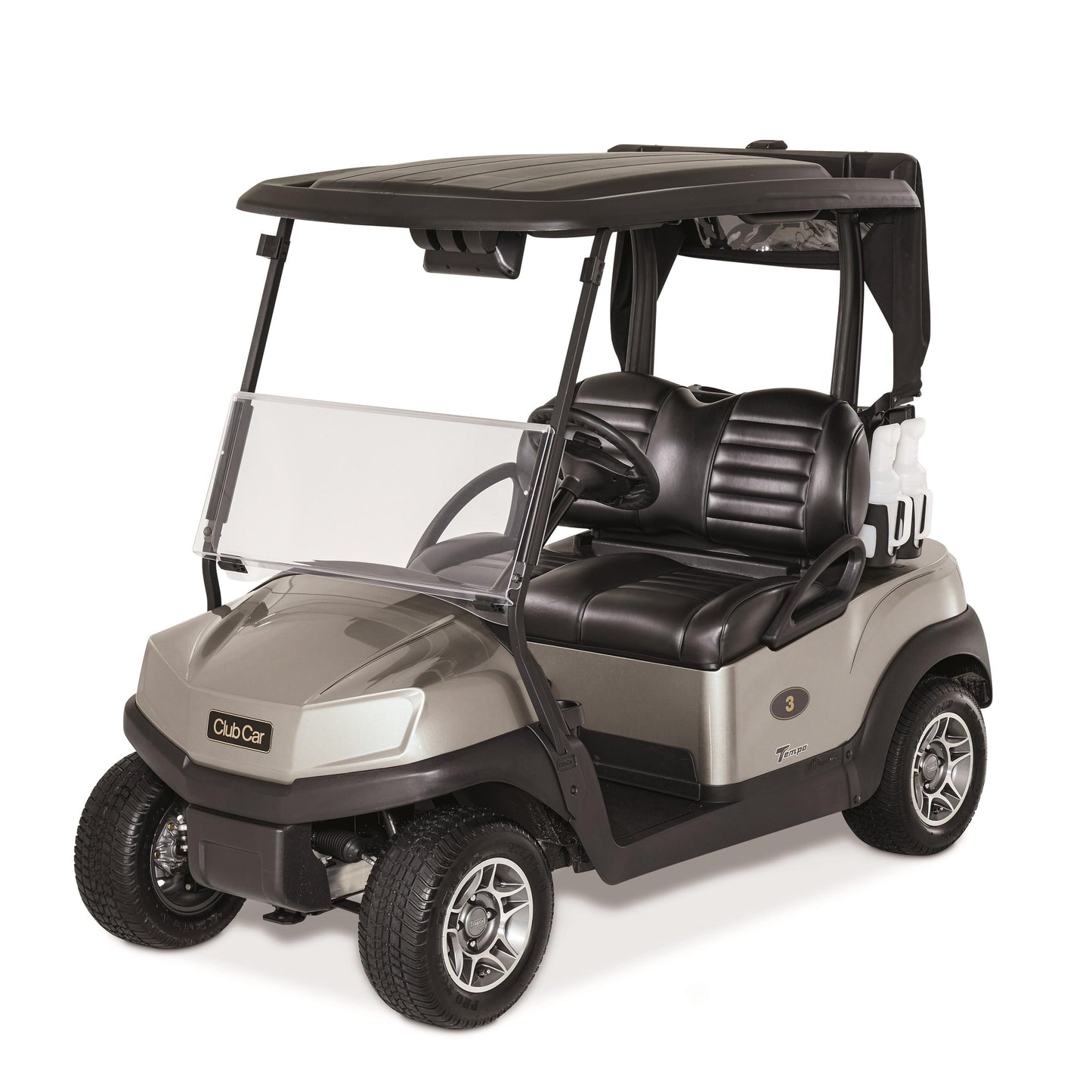 Grey Club Car Tempo Golf cart with black roof and seats on a white background