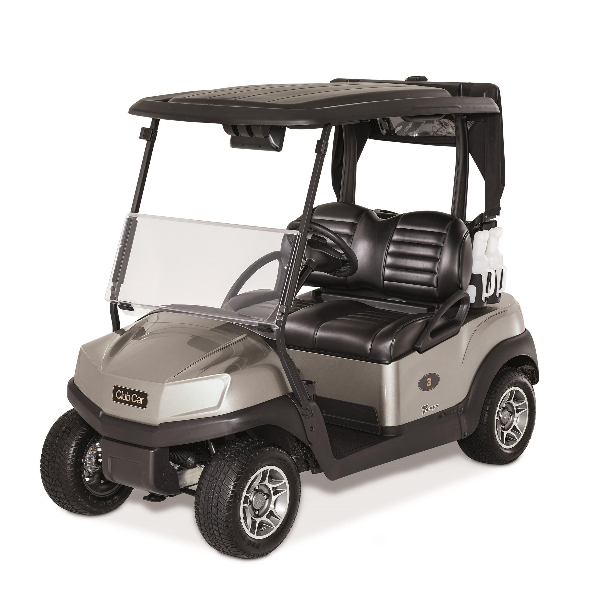 Grey Club Car Tempo Golf cart with black roof and seats on a white background