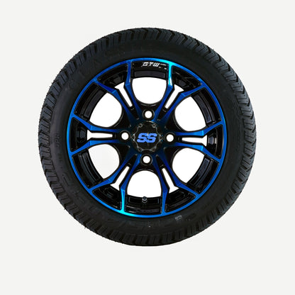 Golf Cart GTW Spyder 12" Black with Blue accents Tyre and Rim Package (set of 4)
